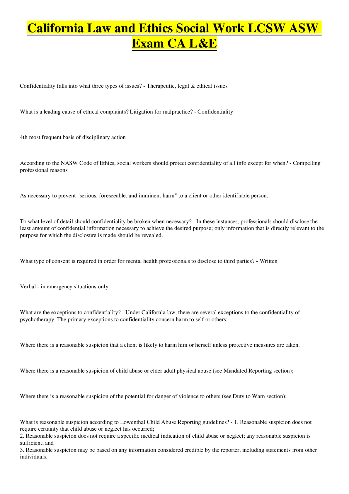 California Law and Ethics Social Work LCSW ASW Exam CA L&E 2022